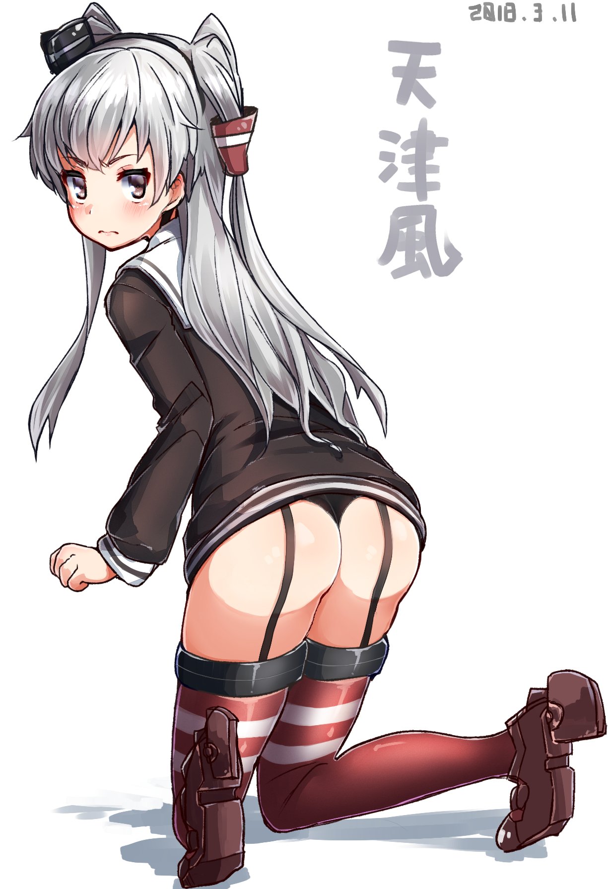 1girl amatsukaze_(kantai_collection) black_panties brown_dress brown_eyes character_name dress from_behind garter_straps hair_tubes hat highres kantai_collection kneeling long_hair looking_at_viewer looking_back mini_hat panties red_legwear sailor_collar sailor_dress short_dress silver_hair solo striped striped_legwear thong two_side_up underwear white_background white_sailor_collar windsock yufuissei0702