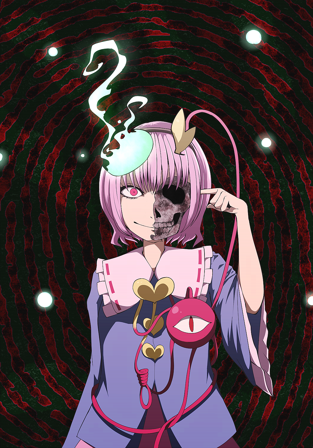 1girl bent_elbow blue_shirt buttons closed_mouth collared_shirt commentary_request constricted_pupils cowboy_shot eyelashes finger_to_head fire frilled_shirt_collar frilled_sleeves frills hairband hand_up heart highres komeiji_satori light_particles looking_at_viewer pink_eyes pink_hair pink_skirt ribbon-trimmed_collar ribbon_trim shirt short_hair skirt skull solo standing tenkomori_(bug_kura) touhou