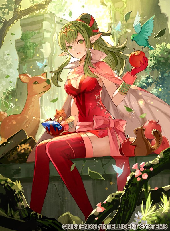 1girl apple bird breasts butterfly chiki cleavage cloak crystal deer fire_emblem fire_emblem:_kakusei fire_emblem:_mystery_of_the_emblem fire_emblem_cipher food fruit grass green_eyes green_hair leaf lens_flare nature pink_legwear pointy_ears sash sitting smile squirrel thigh-highs tobi_(kotetsu) tree