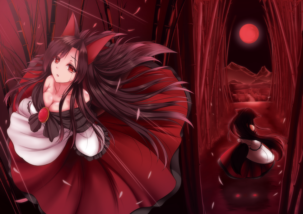 1girl animal_ears aosaki_kanade bamboo bamboo_forest bare_shoulders breasts brooch brown_hair cleavage collarbone dress forest imaizumi_kagerou jewelry long_hair moon multiple_views nature red red_eyes red_moon solo tail tears touhou very_long_hair wolf_ears wolf_tail