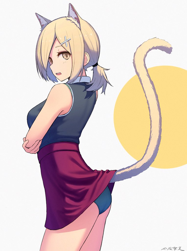 1girl amekaze_yukinatsu animal_ears blonde_hair blue_panties breasts cat_ears cat_tail commentary crossed_arms from_side hair_ornament open_mouth original panties pantyshot short_hair short_ponytail skirt skirt_lift solo tail underwear x_hair_ornament