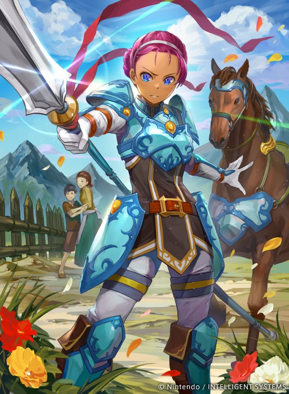 1girl armor armored_boots blue_eyes boots company_name dark_skin faceless faceless_female fiona_(fire_emblem) fire_emblem fire_emblem:_akatsuki_no_megami fire_emblem_cipher flower gloves grass hairband helmet hmk84 horse mountain official_art petals pink_hair polearm sky solo spear weapon