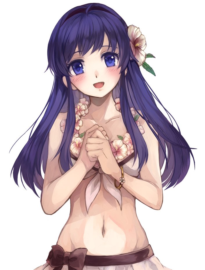1girl bikini blue_eyes blue_hair blush breasts female_my_unit_(fire_emblem_if) fire_emblem fire_emblem:_fuuin_no_tsurugi fire_emblem_heroes fire_emblem_if hairband jurge lilina long_hair looking_at_viewer my_unit_(fire_emblem_if) my_unit_(fire_emblem_if)_(cosplay) navel open_mouth simple_background smile solo swimsuit white_background