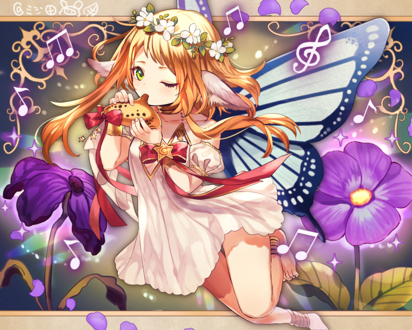 1girl ;) animal_ears anklet bare_shoulders barefoot beamed_quavers blonde_hair bow bracelet butterfly_wings detached_sleeves dress flower full_body g_clef green_eyes head_wreath instrument jewelry l long_hair looking_at_viewer mizita musical_note ocarina one_eye_closed original puffy_short_sleeves puffy_sleeves purple_flower red_bow short_sleeves smile solo white_dress wings