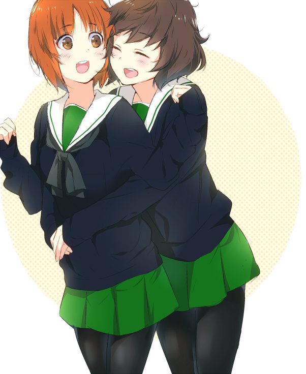 2girls :d adapted_uniform akiyama_yukari bangs black_legwear black_neckwear black_sweater brown_eyes brown_hair cardigan closed_eyes commentary cowboy_shot ebi_(eeemimn) eyebrows_visible_through_hair girls_und_panzer green_skirt hug hug_from_behind long_sleeves looking_at_another looking_back messy_hair miniskirt multiple_girls neckerchief nishizumi_miho ooarai_school_uniform open_mouth pantyhose pleated_skirt polka_dot polka_dot_background school_uniform serafuku short_hair skirt smile standing sweater w_arms winter_uniform yellow_background