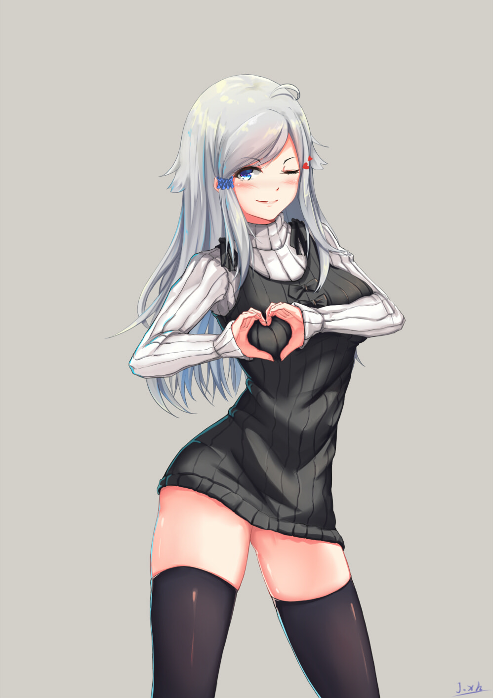 1girl blue_eyes blush breasts hair_ornament hair_scrunchie heart heart-shaped_boob_challenge heart_hands highres imouto_sae_ireba_ii j.xh kani_nayuta long_hair looking_at_viewer no_panties one_eye_closed scrunchie silver_hair smile solo