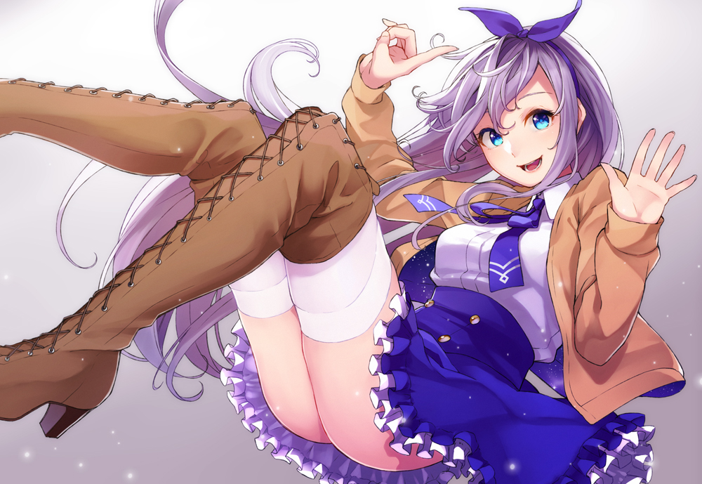 1girl blue_eyes boots bow commentary_request floating hair_bow high-waist_skirt high_heel_boots high_heels jacket long_hair looking_at_viewer original purple_hair retsuna simple_background skirt solo thigh-highs thigh_boots thighhighs_under_boots thighs waving white_legwear