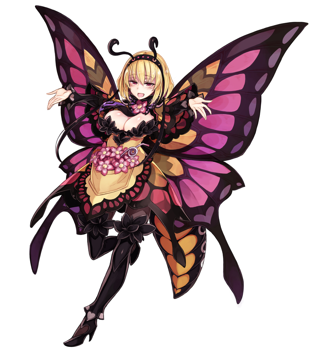 1girl :d antennae blonde_hair boots breasts butterfly_wings drinking_straw flower full_body hairband high_heel_boots high_heels highres insect_girl kenkou_cross large_breasts monster_girl monster_girl_encyclopedia open_mouth outstretched_arms papillon_(monster_girl_encyclopedia) red_eyes short_hair simple_background smile solo spread_arms thigh-highs thigh_boots white_background wings