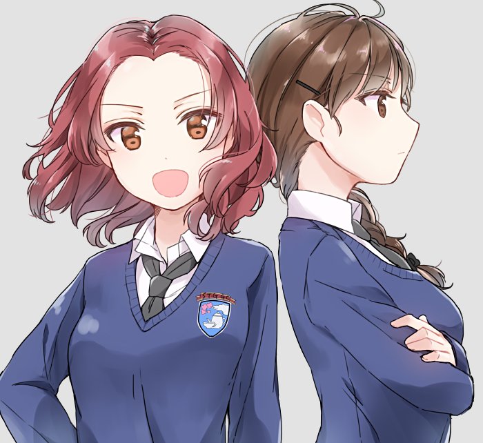 2girls :d :| bangs black_neckwear blue_sweater braid brown_eyes closed_mouth commentary crossed_arms dress_shirt emblem forehead from_side girls_und_panzer grey_background hair_ornament hair_over_shoulder hair_tie hairclip hand_on_hip long_hair long_sleeves looking_at_viewer loose_necktie multiple_girls necktie open_mouth parted_bangs redhead rosehip rukuriri school_uniform shirt short_hair simple_background single_braid smile st._gloriana's_(emblem) st._gloriana's_school_uniform standing sweater tam_a_mat upper_body v-neck white_shirt wind wing_collar