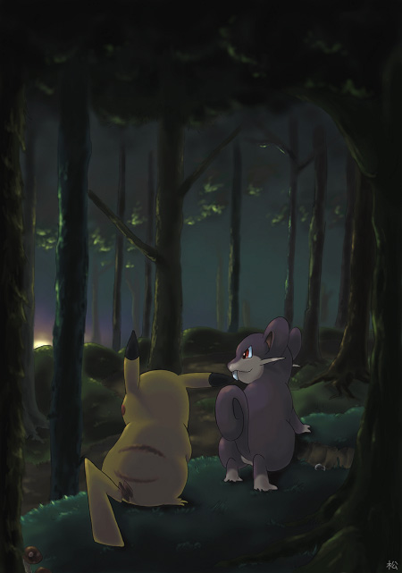 commentary commentary_request creature dark forest from_behind gen_1_pokemon graphite_(medium) grass ibui_matsumoto light looking_away looking_to_the_side mushroom nature night no_humans pikachu pokemon pokemon_(creature) rattata red_eyes traditional_media tree