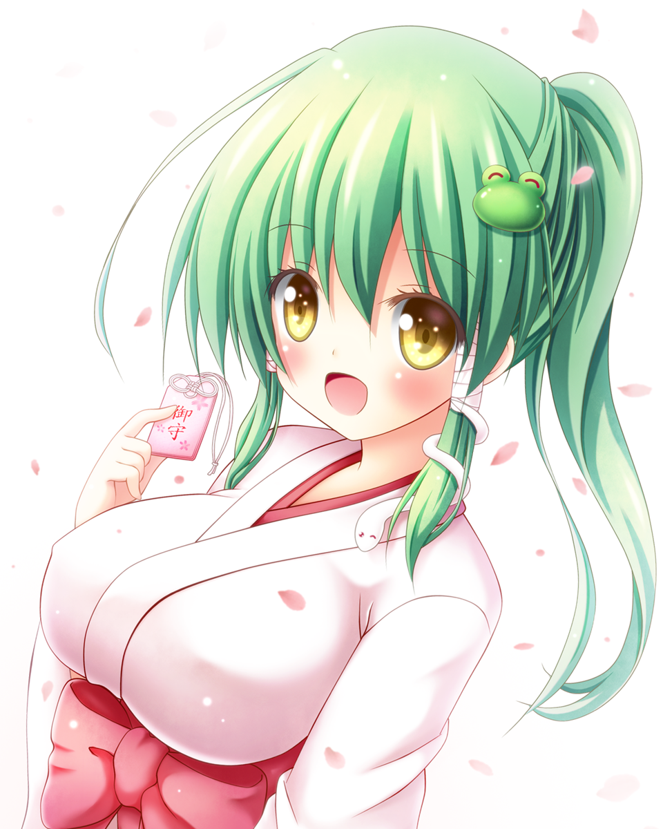 1girl :d commentary_request frog_hair_ornament green_hair hair_ornament highres japanese_clothes kochiya_sanae long_hair looking_at_viewer omamori open_mouth osashin_(osada) petals ponytail smile snake_hair_ornament solo touhou upper_body yellow_eyes