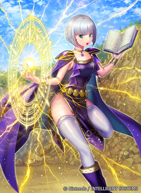 1girl aqua_eyes book boots bracelet breasts cape character_request commentary company_name copyright_name day dress earrings fingernails fire_emblem fire_emblem:_seisen_no_keifu fire_emblem_cipher holding holding_book jewelry knee_boots lightning magic matsurika_youko medium_breasts necklace official_art one_leg_raised open_book open_mouth outdoors pelvic_curtain short_hair silver_hair sleeveless solo white_legwear