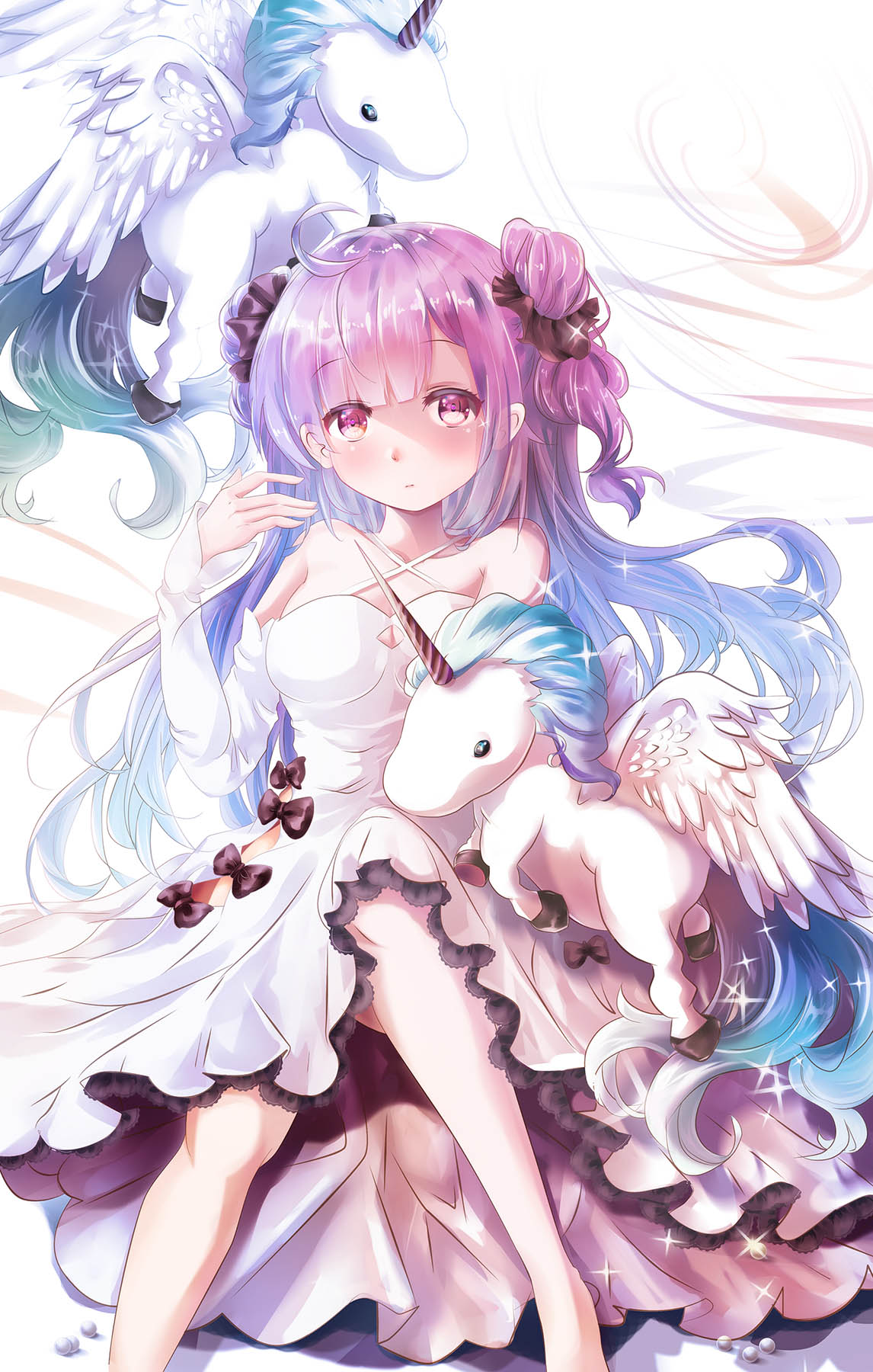 1girl ahoge alicorn animal azur_lane bangs bare_shoulders barefoot black_bow black_ribbon bow breasts closed_mouth collarbone criss-cross_halter detached_sleeves double_bun dress eyebrows_visible_through_hair hair_ribbon halterneck hand_up highres long_sleeves looking_at_viewer medium_breasts one_side_up ribbon side_bun sleeves_past_wrists solo sparkle unicorn_(azur_lane) white_dress