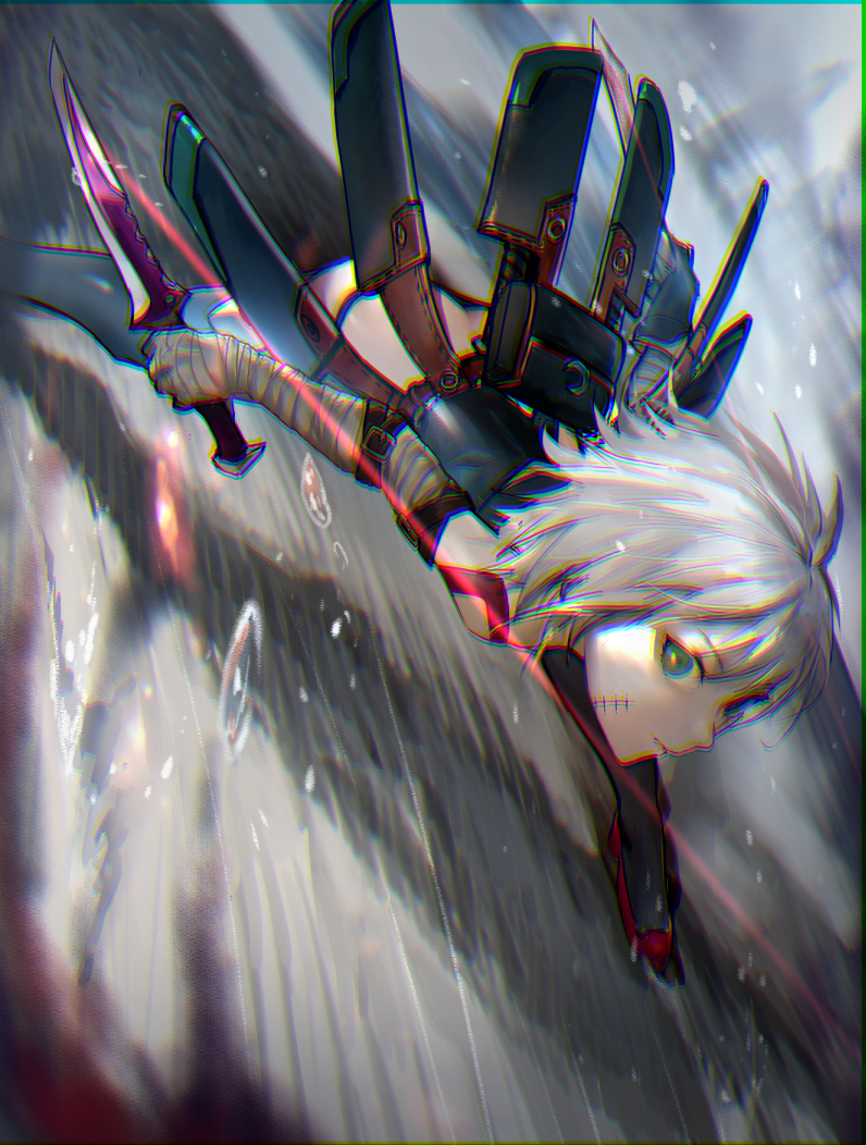 1girl arm_belt bandage bandaged_arm black_belt black_panties blue_eyes dagger dual_wielding facial_scar fate/apocrypha fate/grand_order fate_(series) gloves green_eyes holding holding_knife jack_the_ripper_(fate/apocrypha) knife looking_at_viewer lowleg lowleg_panties nuda panties scar scar_across_eye scar_on_cheek shoulder_tattoo single_glove solo tattoo underwear weapon white_hair