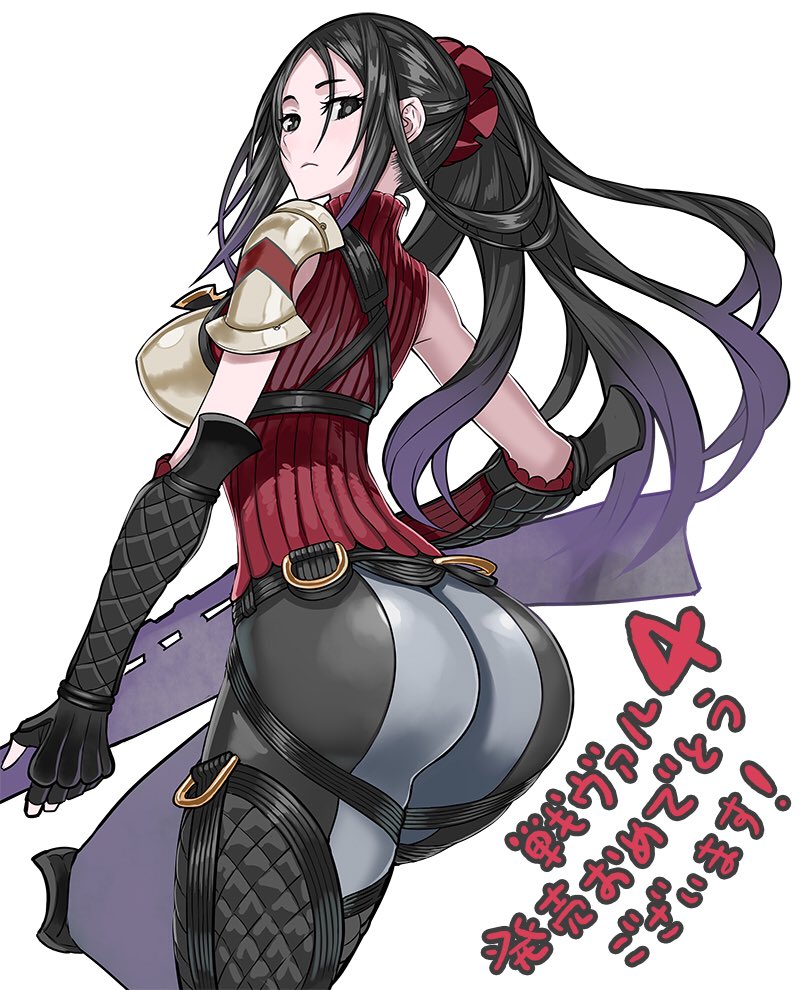 1girl armor ass bangs black_eyes black_hair breasts commentary commentary_request elbow_gloves fingerless_gloves gloves holding honjou_raita kai_schren large_breasts long_hair looking_at_viewer looking_back official_art pants ribbed_sweater senjou_no_valkyria senjou_no_valkyria_4 shoulder_armor simple_background sleeveless sweater white_background