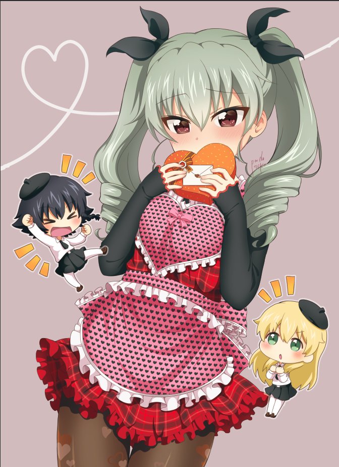 &gt;_&lt; 3girls :o anchovy anzio_school_uniform apron artist_name bangs belt beret black_footwear black_hat black_legwear black_neckwear black_ribbon black_skirt blush carpaccio chibi commentary covering_mouth dress dress_shirt drill_hair envelope eyebrows_visible_through_hair frilled_apron frilled_dress frills girls_und_panzer green_hair grey_background hair_ribbon hat heart heart_apron heart_print long_hair long_sleeves looking_at_another looking_at_viewer miniskirt multiple_girls necktie notice_lines open_mouth pantyhose parda_siko pepperoni_(girls_und_panzer) pink_apron plaid plaid_dress pleated_skirt print_legwear red_dress red_eyes ribbon school_uniform shirt shoes short_dress short_hair signature skirt smile standing twin_drills twintails valentine white_legwear white_shirt