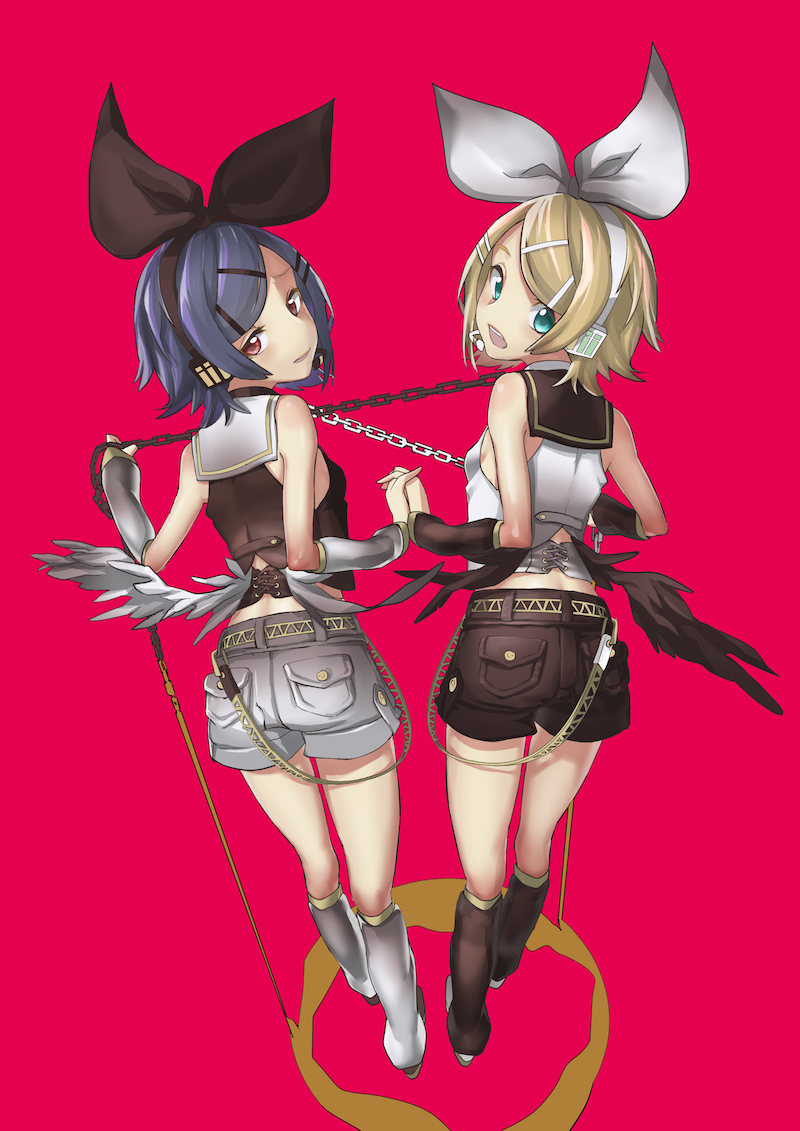 2girls alternate_color alternate_hair_color aqua_eyes ass back bare_shoulders bdsm belt black_wings blonde_hair bondage bound bow breasts chains collar corset dark_persona detached_sleeves dog_collar dual_persona foreshortening frown hair_bow hair_ornament hairclip half-closed_eyes headphones headset interlocked_fingers inverted_colors kagamine_rin leg_warmers looking_at_viewer looking_back low_wings magenta_background mini_wings mirror_twins multiple_girls open_mouth perspective pocket purple_hair red_eyes sailor_collar sawashi_(ur-sawasi) short_hair shorts sideboob small_breasts vocaloid white_wings wings