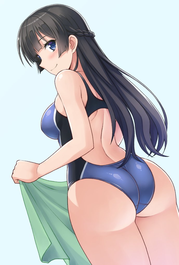 1girl ass backless_outfit black_hair blue_eyes blue_swimsuit blush braid breasts closed_mouth commentary hormone_koijirou long_hair looking_at_viewer looking_back nijisanji one-piece_swimsuit smile solo swimsuit towel tsukino_mito virtual_youtuber