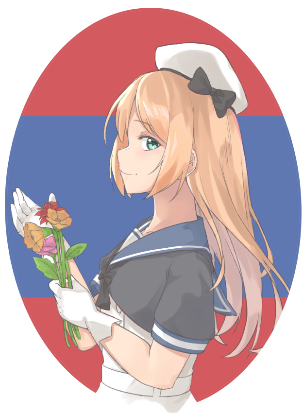 1girl blonde_hair blue_sailor_collar flower gloves green_eyes hat jervis_(kantai_collection) kantai_collection long_hair pink_flower red_flower sailor_collar short_sleeves smile solo tiasis white_gloves white_hat yellow_flower