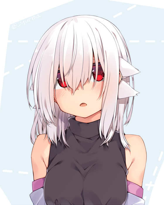 1girl adyisu albino altair_floone bangs blush breasts commentary_request detached_sleeves hair_over_eyes long_hair looking_at_viewer medium_breasts open_mouth original red_eyes shirt solo turtleneck twitter_username upper_body white_hair