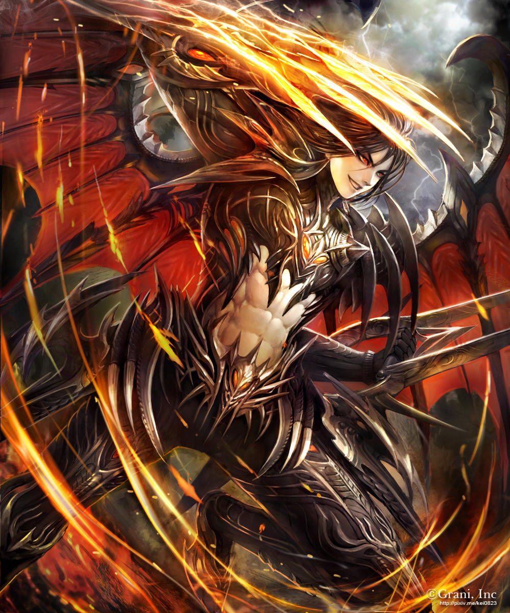 1boy abs armor black_footwear black_gloves black_hair claws clouds demon demon_wings gloves grey_sky highres kei1115 male_focus official_art outdoors parted_lips red_eyes shingoku_no_valhalla_gate slashing watermark web_address wings