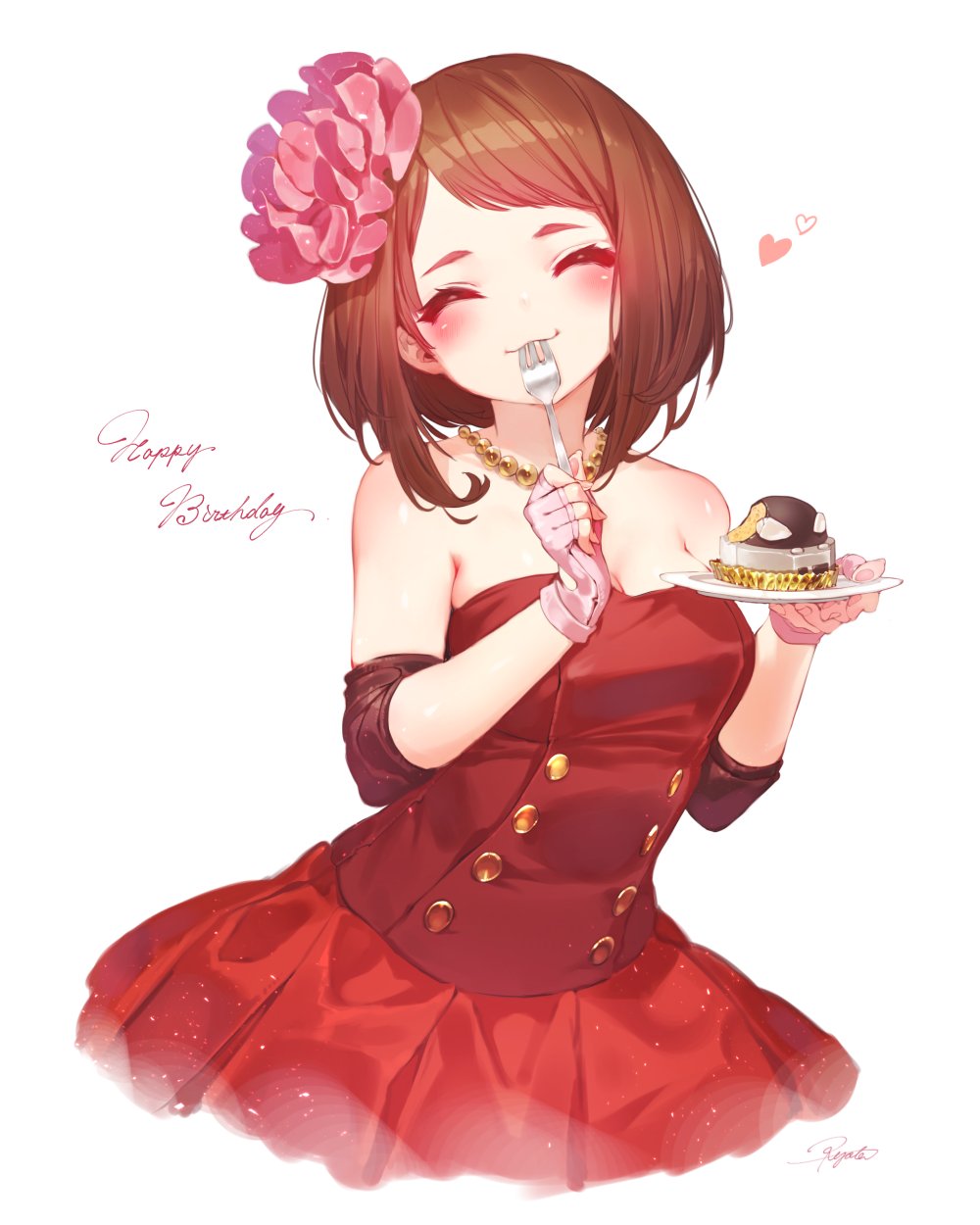 1girl :3 ^_^ alternate_costume bangs bare_shoulders bead_necklace beads blush boku_no_hero_academia breasts brown_hair buttons cake cleavage closed_eyes collarbone commentary_request cursive detached_sleeves dress eating english facing_viewer fingerless_gloves fingernails food fork fork_in_mouth gloves hair_ornament hair_scrunchie hakura_kusa happy happy_birthday head_tilt heart highres holding holding_fork holding_plate jewelry medium_breasts medium_hair necklace no.13 pink_gloves pink_scrunchie plate pleated_dress red_dress scrunchie shiny shiny_hair shiny_skin signature simple_background smile solo strapless strapless_dress swept_bangs taut_clothes taut_dress uraraka_ochako white_background |3