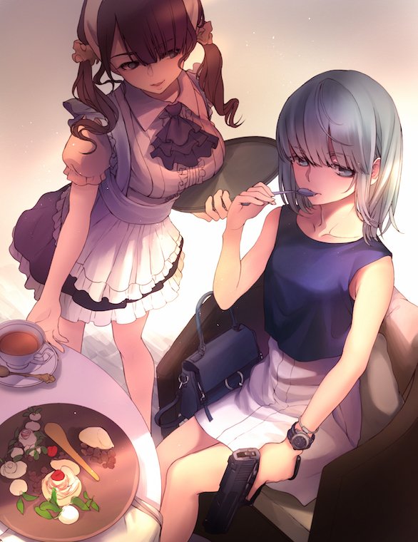 2girls alternate_costume bag bracelet chair cup food grey_eyes gun handbag handgun jewelry koh_(minagi_kou) little_armory maid maid_headdress multiple_girls pistol redhead saucer shiina_rikka short_hair silver_hair table tea teacup teaspoon trigger_discipline twintails watch watch weapon weapon_request