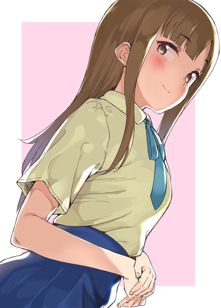 1girl bangs blue_bow blue_neckwear blue_skirt blunt_bangs blush bow brown_eyes brown_hair dutch_angle eyebrows_visible_through_hair from_below from_side hands_together idolmaster idolmaster_cinderella_girls looking_at_viewer mamedenkyuu_(berun) mizumoto_yukari own_hands_together pink_background pleated_skirt shirt short_sleeves simple_background skirt smile solo straight_hair white_shirt