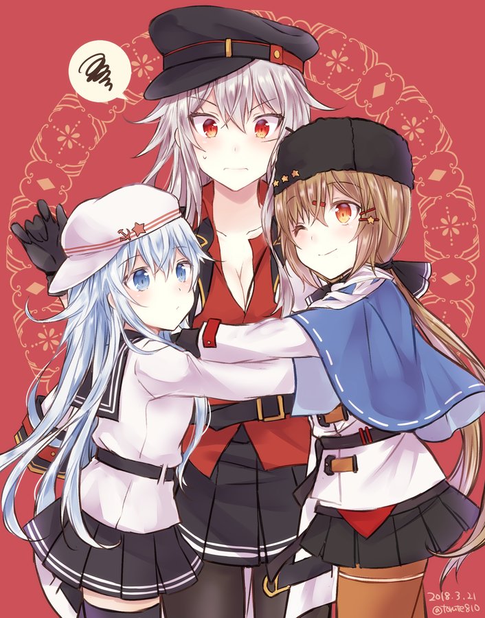 3girls anchor belt black_gloves black_legwear black_skirt blue_eyes blue_shawl blush breasts brown_hair brown_legwear closed_mouth dress eyebrows_visible_through_hair gangut_(kantai_collection) gloves grey_hair hair_between_eyes hair_ornament hairclip hat hibiki_(kantai_collection) jacket kabocha_torute kantai_collection long_hair long_sleeves looking_at_another looking_at_viewer low_twintails medium_breasts military military_hat military_jacket military_uniform miniskirt multiple_girls naval_uniform one_eye_closed pantyhose peaked_cap red_background red_eyes red_shirt sailor_collar sailor_dress sailor_hat scar scarf school_uniform serafuku shawl shirt silver_hair skirt smile star tashkent_(kantai_collection) twintails uniform verniy_(kantai_collection) white_jacket white_scarf white_shirt