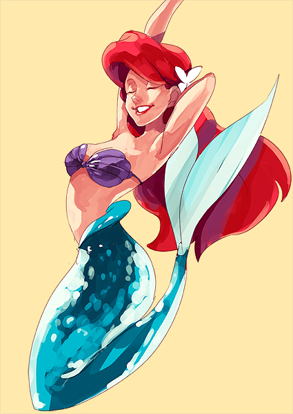 1girl ariel_(disney) armpits arms_up bikini_top closed_eyes disney flower hair_flower hair_ornament happy lipstick long_hair makeup mermaid monster_girl orange_background redhead shell shell_bikini simple_background smile solo_focus the_little_mermaid u-min