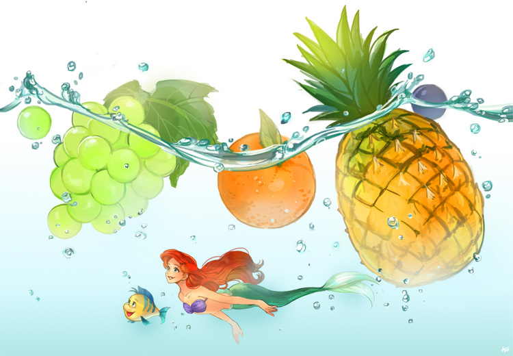 1girl ano_(sbee) ariel_(disney) artist_name bikini_top blue_eyes bubble disney fish flounder_(the_little_mermaid) food fruit grapes happy lipstick long_hair looking_up makeup mermaid monster_girl orange pineapple redhead shell shell_bikini simple_background smile the_little_mermaid underwater water white_background