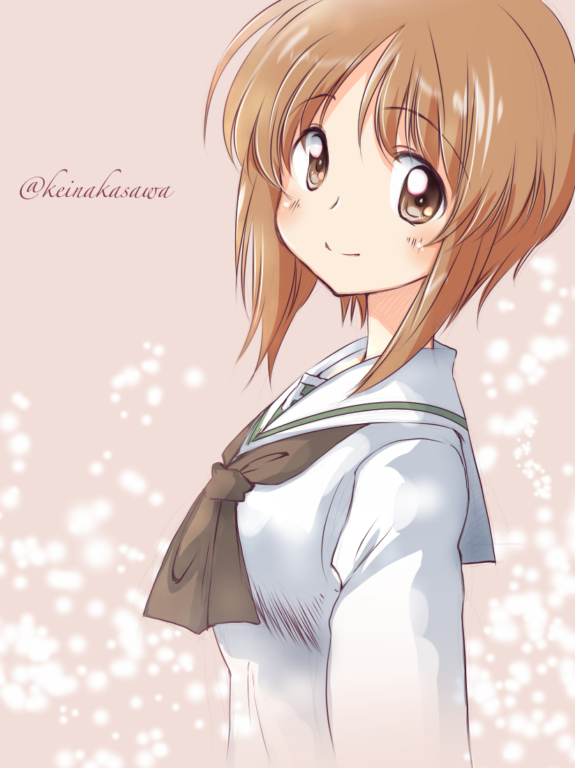 1girl bangs black_neckwear blouse brown_eyes brown_hair closed_mouth commentary_request eyebrows_visible_through_hair from_side girls_und_panzer light_particles looking_at_viewer nakasawa_kei neckerchief nishizumi_miho ooarai_school_uniform orange_background school_uniform serafuku short_hair smile solo twitter_username white_blouse