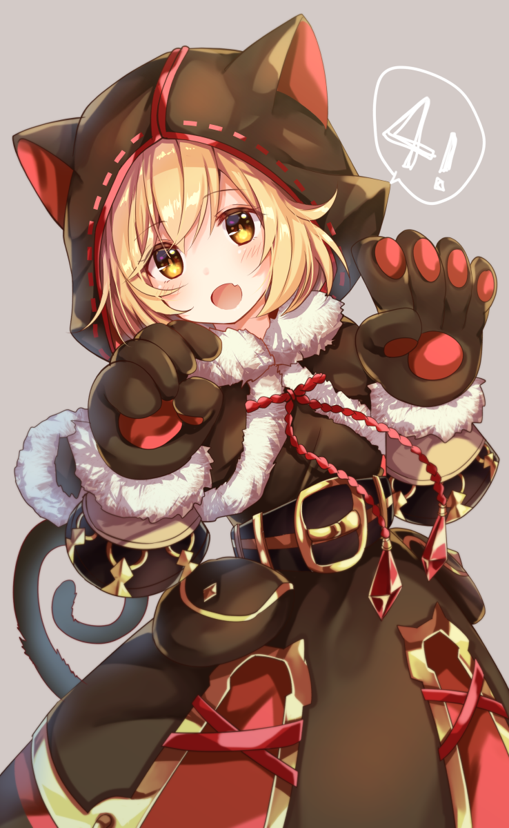 1girl :d animal_hood bangs belt_buckle black_belt black_capelet black_dress blonde_hair blush brown_eyes buckle capelet cat_ears cat_hood cat_tail commentary_request crystal djeeta_(granblue_fantasy) dress eyebrows_visible_through_hair fang fur-trimmed_capelet fur-trimmed_gloves fur_trim gloves gomano_rio granblue_fantasy grey_background hair_between_eyes head_tilt highres hood hood_up hooded_capelet looking_at_viewer open_mouth paw_gloves paws simple_background smile solo tail