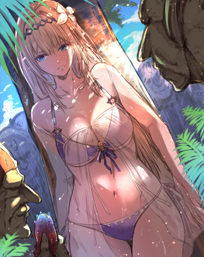 1girl 2boys bikini blonde_hair blue_eyes breasts cafe_au_lait_(kafeore) cleavage flower front-tie_bikini front-tie_top granblue_fantasy hair_flower hair_ornament jeanne_d'arc_(granblue_fantasy) large_breasts long_hair multiple_boys navel purple_bikini see-through side-tie_bikini swimsuit tree