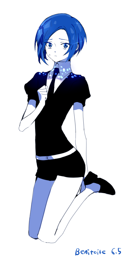 androgynous benitoite_(houseki_no_kuni) blue_eyes blue_hair character_name clenched_hand gem_uniform_(houseki_no_kuni) houseki_no_kuni looking_at_viewer necktie pale_skin puffy_short_sleeves puffy_sleeves retto short_hair short_sleeves shorts sweatdrop white_background