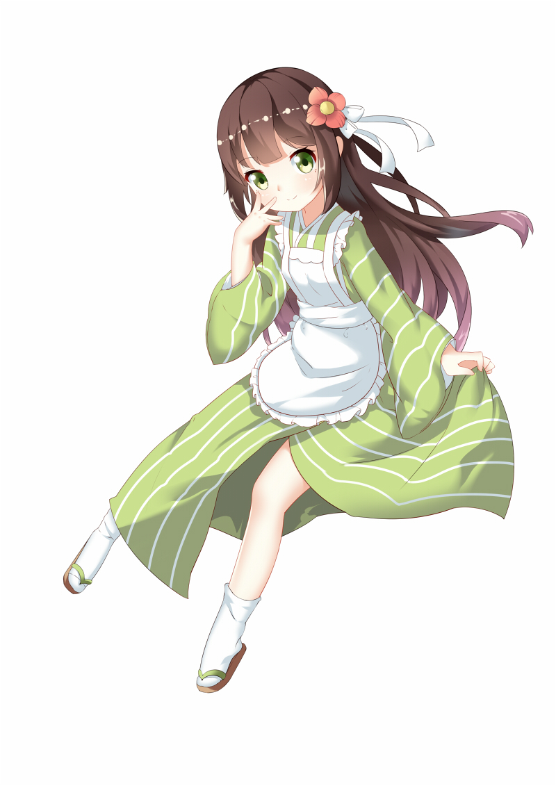 1girl apron blush brown_footwear brown_hair chihong_de_tianshi closed_mouth flower frilled_apron frills full_body green_eyes green_kimono hair_flower hair_ornament hair_ribbon japanese_clothes kimono long_hair long_sleeves maid_apron original personification red_flower ribbon simple_background smile solo striped tabi vertical-striped_kimono vertical_stripes very_long_hair white_apron white_background white_footwear white_ribbon wide_sleeves zouri