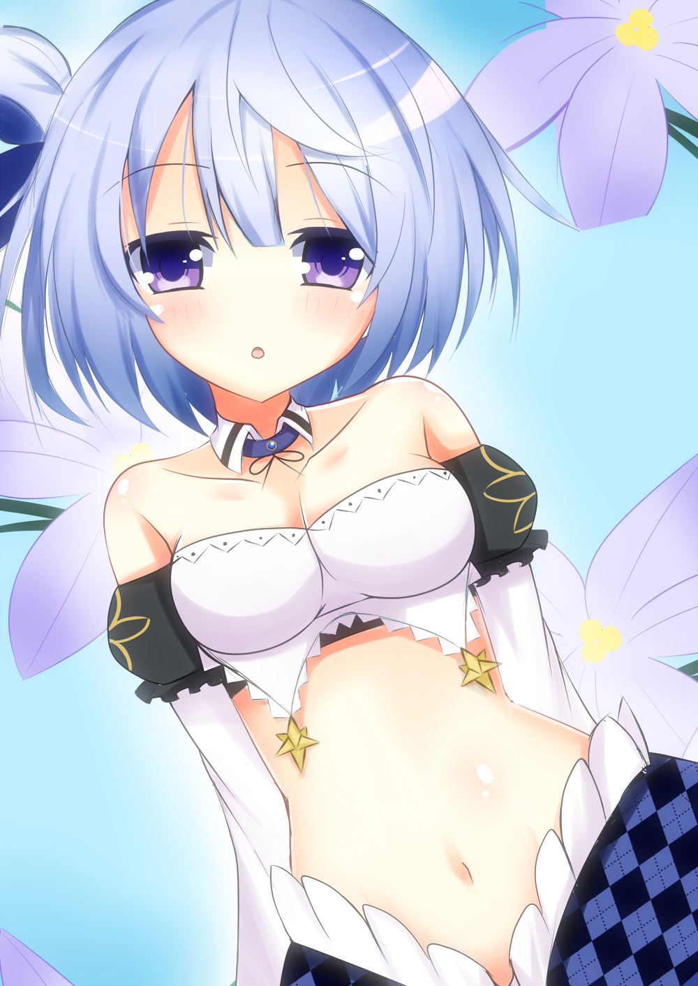 1girl ahoge bare_shoulders blue_hair blush breasts character_request cleavage flower_knight_girl frills frown highres looking_at_viewer maid maid_headdress medium_breasts midriff navel open_mouth shironeko_haru short_hair solo violet_eyes