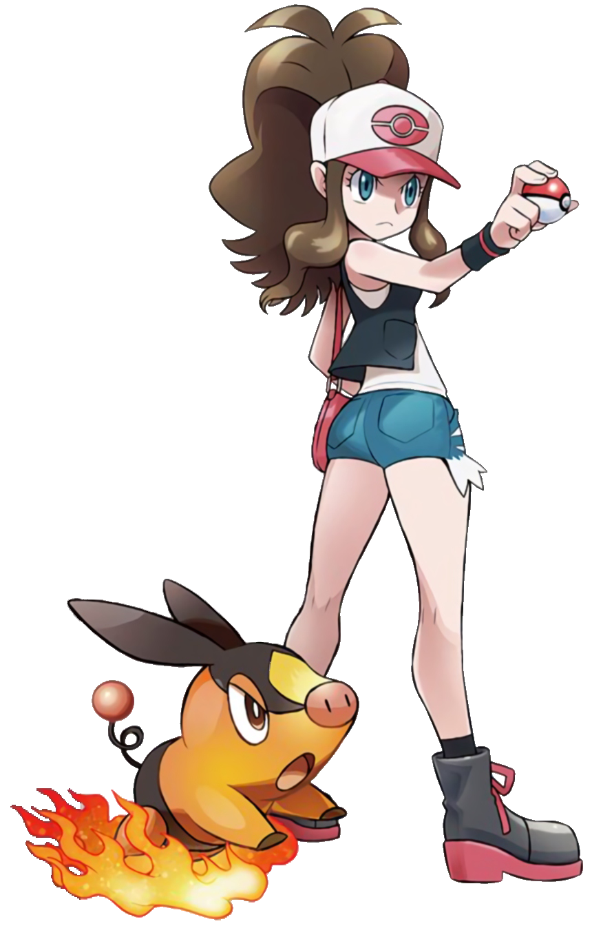 1girl baseball_cap blue_eyes brown_hair denim denim_shorts hat highres long_hair pokemon pokemon_(game) pokemon_bw ponytail short_shorts shorts tepig touko_(pokemon)