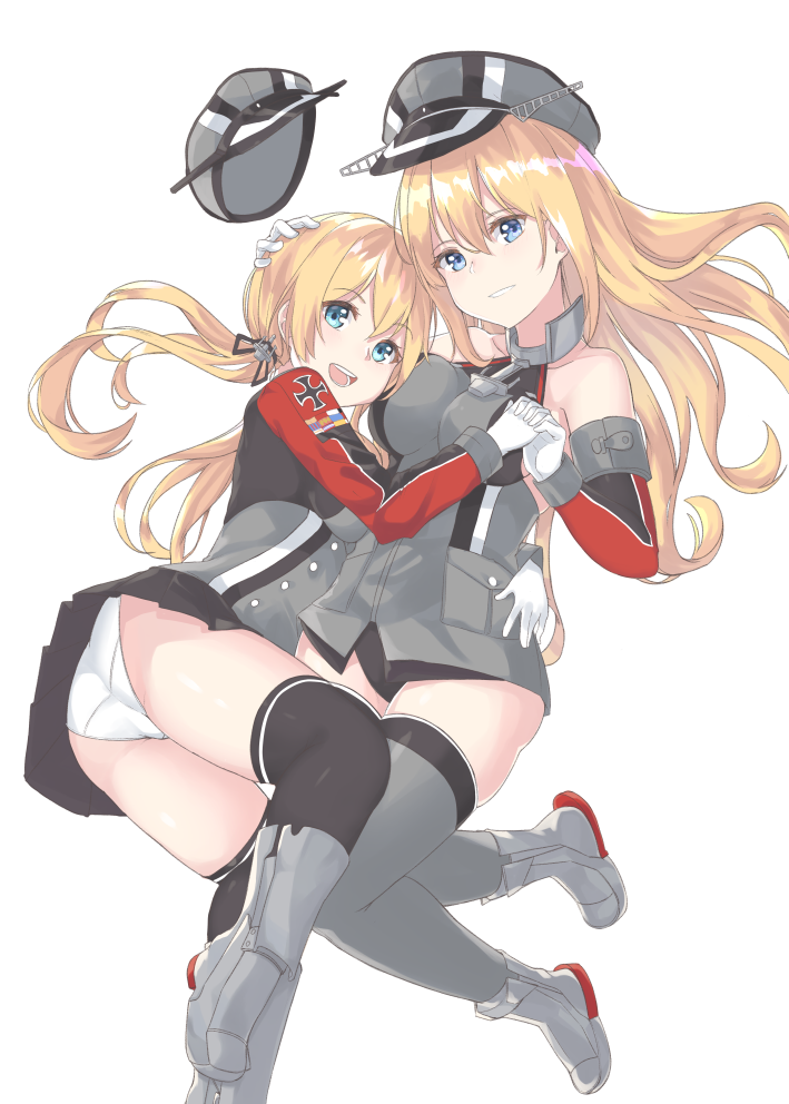 2girls :d ass bare_shoulders bismarck_(kantai_collection) black_legwear black_skirt blonde_hair blue_eyes detached_sleeves gloves grey_legwear hair_between_eyes hat hat_removed headwear_removed kantai_collection long_hair low_twintails military military_uniform multiple_girls open_mouth panties peaked_cap pleated_skirt prinz_eugen_(kantai_collection) simple_background skirt smile thigh-highs tiasis twintails underwear uniform white_background white_gloves white_panties