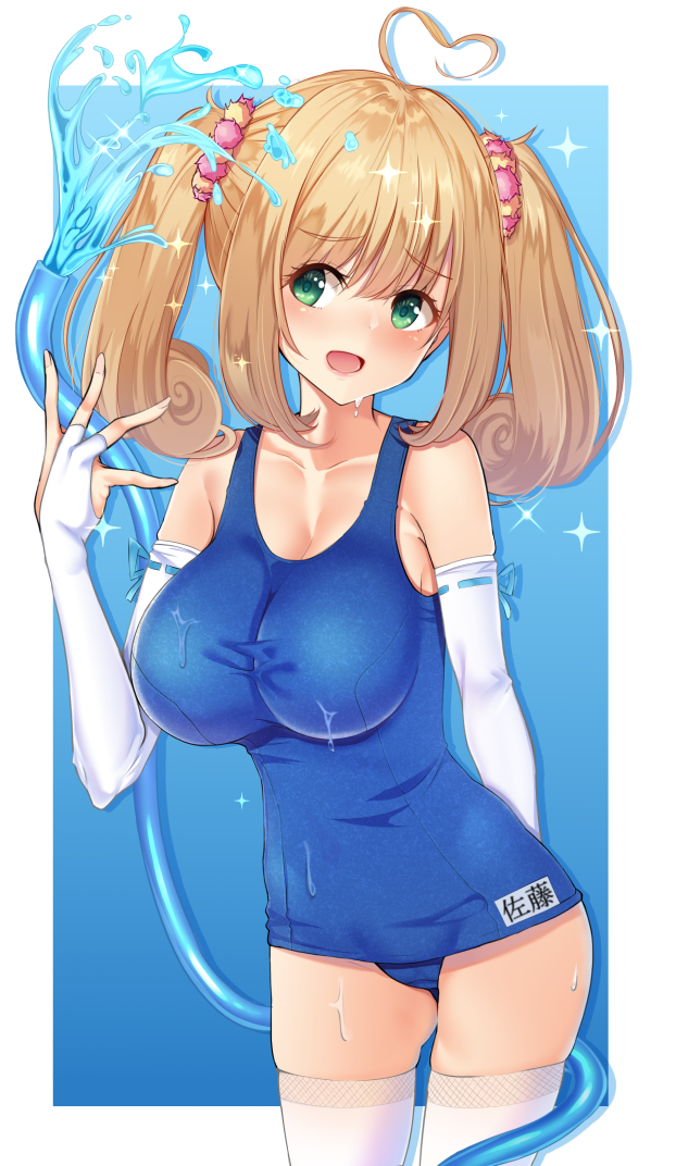 1girl ahoge amrita_(amber78gou) blonde_hair blue_swimsuit breasts commentary_request cowboy_shot gloves green_eyes hair_ornament hose idolmaster idolmaster_cinderella_girls impossible_clothes impossible_swimsuit long_hair looking_at_viewer medium_breasts name_tag open_mouth partly_fingerless_gloves satou_shin school_swimsuit simple_background smile solo standing swimsuit thigh-highs twintails water white_gloves white_legwear