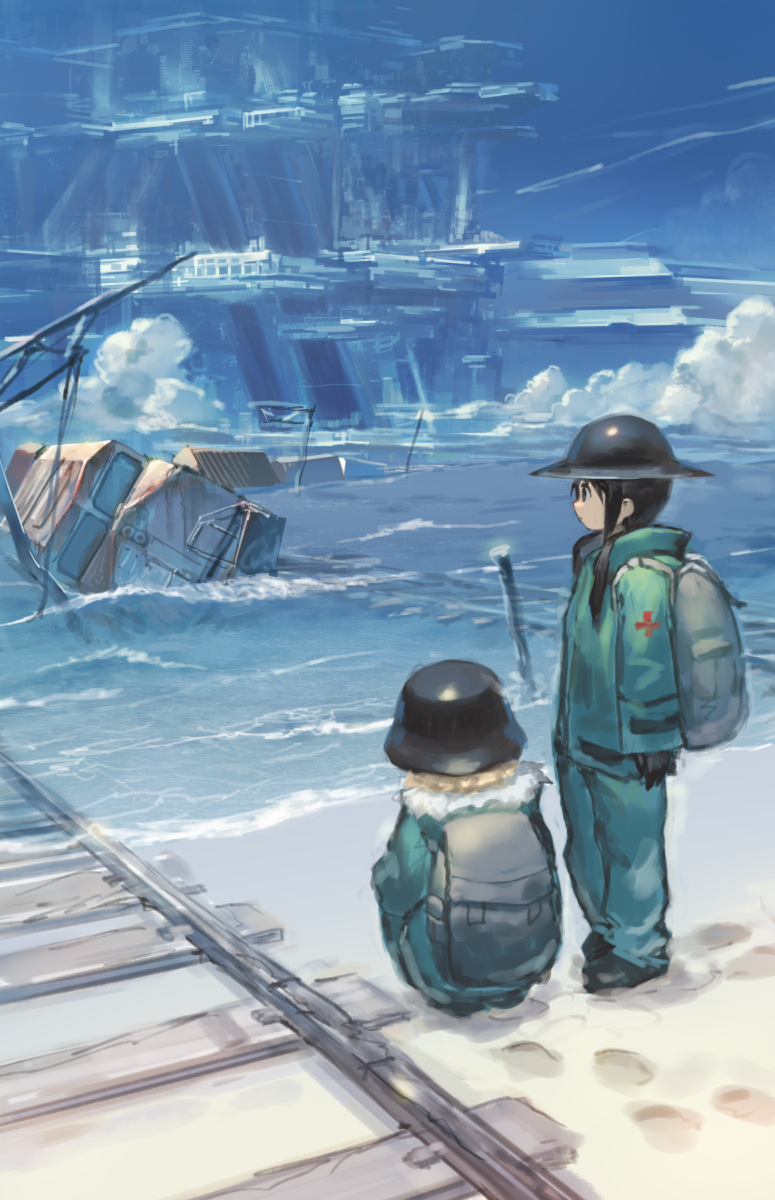 2girls backpack bag black_eyes black_hair blonde_hair building chito_(shoujo_shuumatsu_ryokou) coat fur_trim gloves helmet highres hood hooded_jacket izumi_sai jacket long_hair low_twintails military military_jacket military_uniform multiple_girls railroad_tracks ruins shoujo_shuumatsu_ryokou snow squatting twintails uniform winter_clothes yuuri_(shoujo_shuumatsu_ryokou)