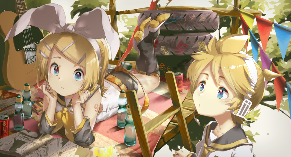 :/ arm_tattoo blonde_hair blue_eyes book bottle bow brother_and_sister can chin_rest detached_sleeves electric_guitar guitar hair_bow hair_ornament hairclip headphones headset instrument kagamine_len kagamine_rin ladder leaf leg_warmers lying manga_(object) nail_polish necktie number_tattoo o3o on_stomach pennant puckered_lips reading sailor_collar sawashi_(ur-sawasi) shirt short_ponytail shorts siblings sleeveless sleeveless_shirt soda_can tattoo tire tree treehouse twins vocaloid yellow_nails yellow_neckwear
