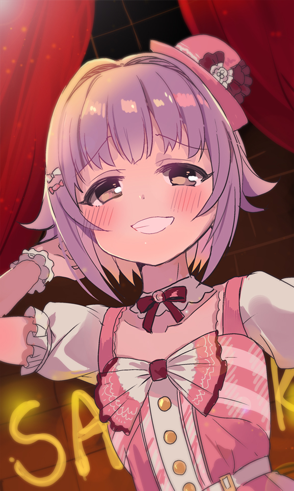 1girl :d bangs blush brown_eyes character_name chocho_(homelessfox) collarbone curtains dutch_angle eyebrows_visible_through_hair grin hand_up hat idolmaster idolmaster_cinderella_girls koshimizu_sachiko looking_at_viewer mini_hat open_mouth pink_hat pink_shirt puffy_short_sleeves puffy_sleeves purple_hair shirt short_hair short_sleeves smile solo window wrist_cuffs