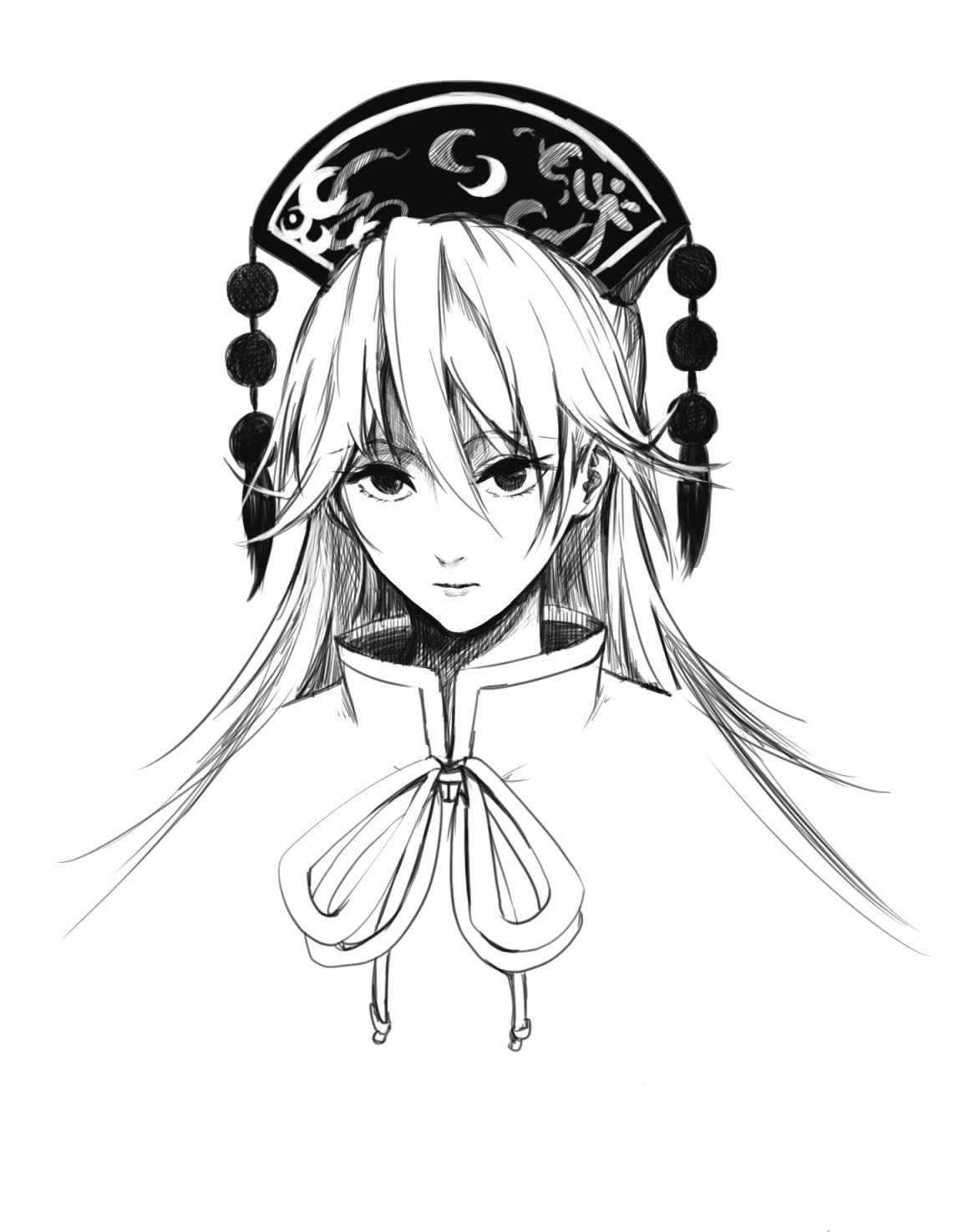 1girl closed_mouth commentary ears eyebrows_visible_through_hair eyelashes greyscale hair_between_eyes headdress highres junko_(touhou) long_hair looking_at_viewer monochrome neck_ribbon portrait ribbon shiguma_(signalmass) simple_background solo tassel touhou turtleneck