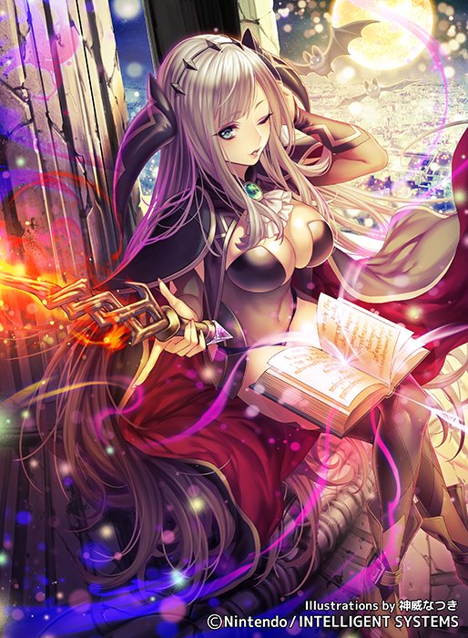 1girl bangs blue_eyes book breasts cape cleavage commentary company_connection copyright_name fire_emblem fire_emblem_cipher holding large_breasts long_hair looking_at_viewer n_kamui official_art one_eye_closed open_book parted_lips shade_(fire_emblem) silver_hair smile solo thigh-highs very_long_hair