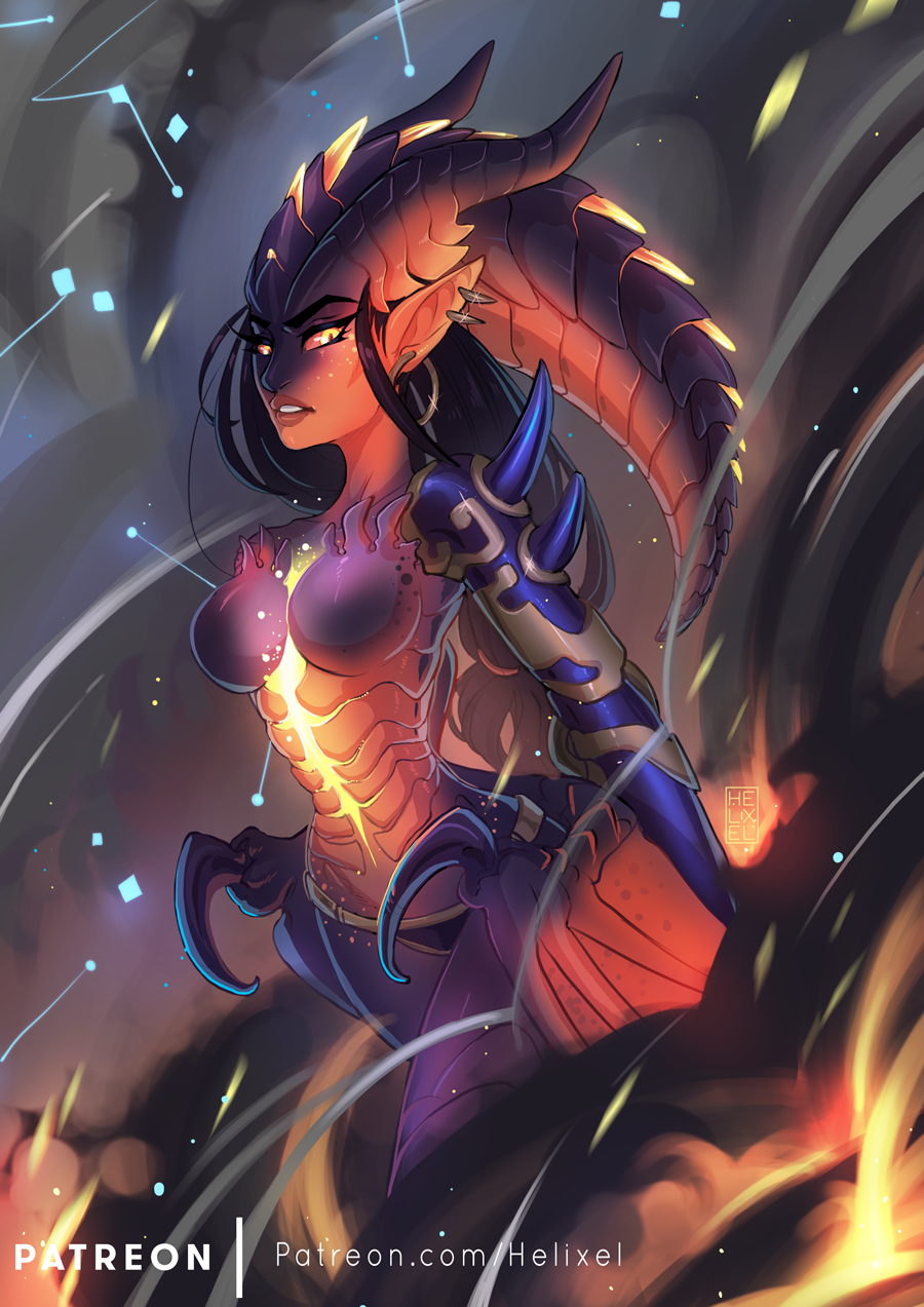 1girl alternate_costume breasts dragon_girl dragon_horns dragon_symmetra earrings glowing glowing_eyes glowing_skin helixel highres hoop_earrings horns jewelry medium_breasts no_nipples overwatch scales slit_pupils solo spikes symmetra_(overwatch) yellow_eyes yellow_sclera