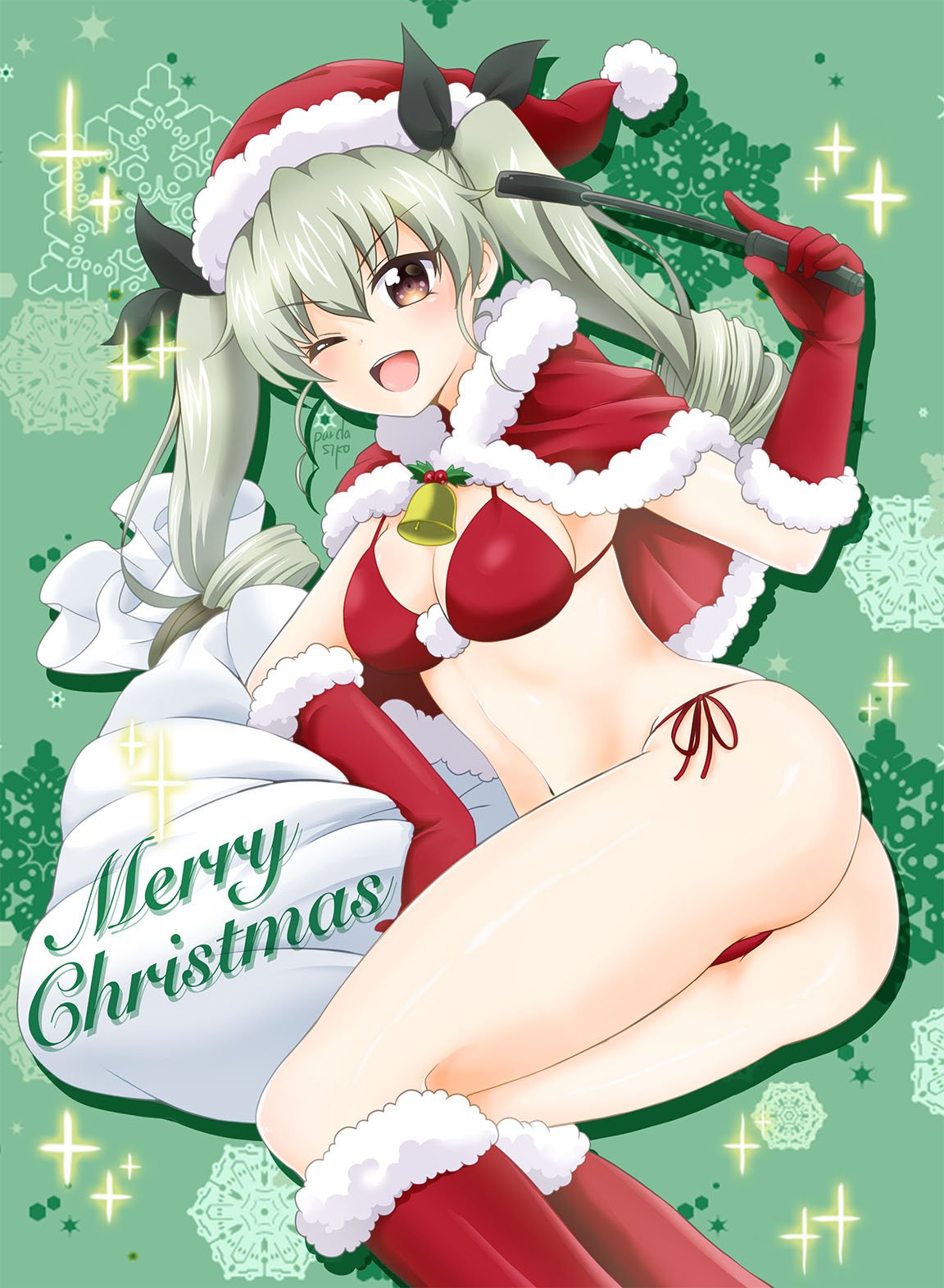 1girl ;d anchovy arm_support artist_name ass bangs bell bikini black_ribbon breasts cleavage commentary cursive drill_hair elbow_gloves english eyebrows_visible_through_hair girls_und_panzer gloves green_background green_hair hair_ribbon hat highres holding jingle_bell long_hair looking_at_viewer lying medium_breasts merry_christmas navel on_side one_eye_closed open_mouth parda_siko red_bikini red_capelet red_eyes red_gloves red_hat ribbon riding_crop sack santa_costume santa_hat signature smile snowflake_background solo sparkle swimsuit thong_bikini twin_drills twintails v-shaped_eyebrows