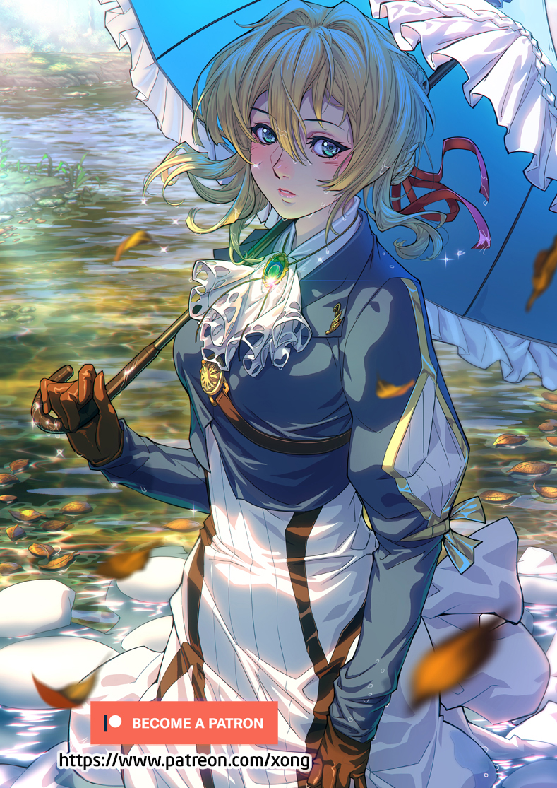 1girl bangs blonde_hair blue_eyes blue_jacket blush braid breasts brooch cowboy_shot day dress falling_leaves gloves hair_between_eyes hair_intakes hair_ribbon jacket jewelry leaf long_sleeves looking_at_viewer outdoors parasol partially_submerged red_ribbon ribbon rock shade shiny solo stream sunlight umbrella violet_evergarden violet_evergarden_(character) wading water xong