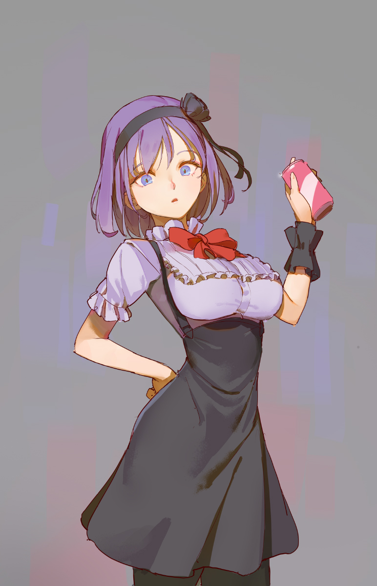 1girl black_flower black_ribbon black_rose blue_eyes bow breasts commentary dagashi_kashi flower hair_flower hair_ornament hair_ribbon hairband hand_on_hip high-waist_skirt highres holding large_breasts pantyhose purple_hair red_bow ribbon rose shidare_hotaru skirt solo suspender_skirt suspenders tim_loechner