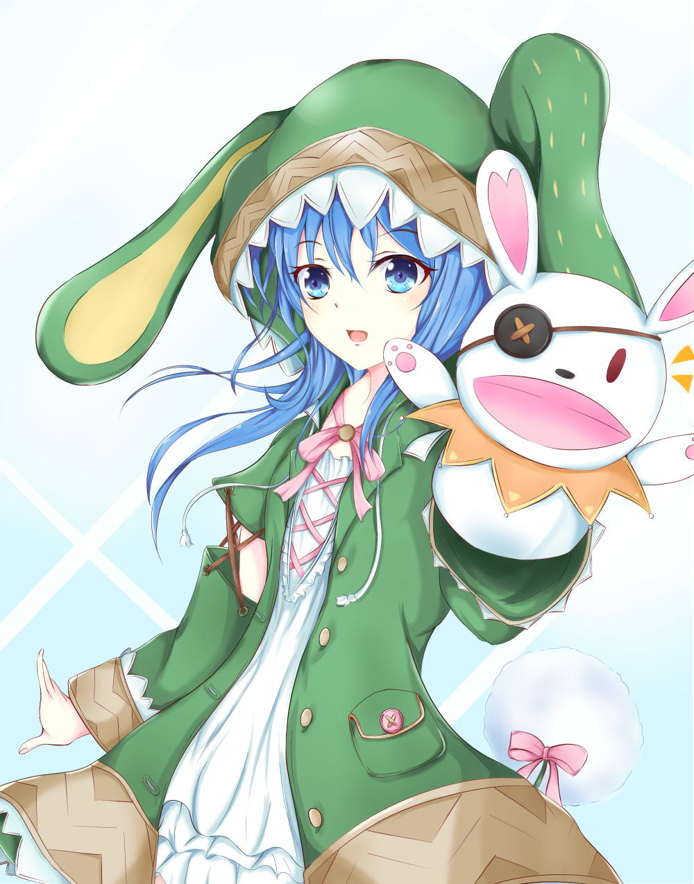 1girl animal_hood blue_eyes blue_hair blush bunny_hood bunny_tail cloak coat date_a_live dress green_coat hair_between_eyes hand_puppet highres hood hood_up hooded_cloak long_hair looking_at_viewer open_clothes open_coat puppet raincoat solo tail white_dress yoshino_(date_a_live) yoshinon